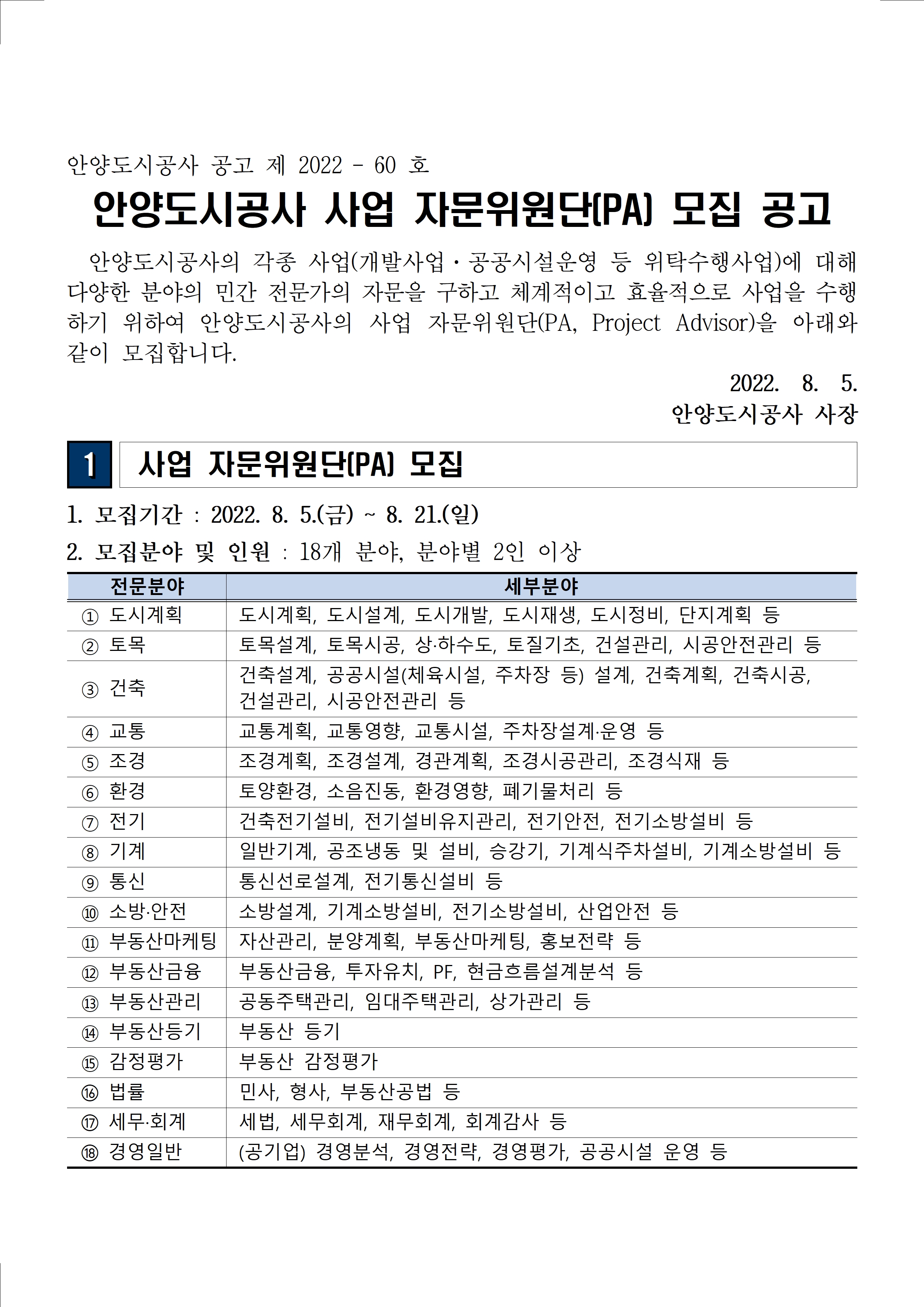 안양도시공사 공고 제 2022 – 60 호 안양도시공사 사업 자문위원단(PA) 모집 공고 안양도시공사의 각종 사업(개발사업·공공시설운영 등 위탁수행사업)에 대해 다양한 분야의 민간 전문가의 자문을 구하고 체계적이고 효율적으로 사업을 수행하기 위하여 안양도시공사의 사업 자문위원단(PA, Project Advisor)을 아래와 같이 모집합니다. 2022. 8. 5. 안양도시공사 사장1 사업 자문위원단(PA) 모집 1. 모집기간 : 2022. 8. 5.(금) ~ 8. 21.(일)
2. 모집분야 및 인원 : 18개 분야, 분야별 2인 이상 전문분야 세부분야 ① 도시계획 도시계획, 도시설계, 도시개발, 도시재생, 도시정비, 단지계획 등 ② 토목 토목설계, 토목시공, 상·하수도, 토질기초, 건설관리, 시공안전관리 등③ 건축 건축설계, 공공시설(체육시설, 주차장 등) 설계, 건축계획, 건축시공, 건설관리, 시공안전관리 등 ④ 교통 교통계획, 교통영향, 교통시설, 주차장설계·운영 등 ⑤ 조경 조경계획, 조경설계, 경관계획, 조경시공관리, 조경식재 등 ⑥ 환경 토양환경, 소음진동, 환경영향, 폐기물처리 등 ⑦ 전기 건축전기설비, 전기설비유지관리, 전기안전, 전기소방설비 등 ⑧ 기계 일반기계, 공조냉동 및 설비, 승강기, 기계식주차설비, 기계소방설비 등⑨ 통신 통신선로설계, 전기통신설비 등 ⑩ 소방·안전 소방설계, 기계소방설비, 전기소방설비, 산업안전 등 ⑪ 부동산마케팅 자산관리, 분양계획, 부동산마케팅, 홍보전략 등 ⑫ 부동산금융 부동산금융, 투자유치, PF, 현금흐름설계분석 등 ⑬ 부동산관리 공동주택관리, 임대주택관리, 상가관리 등 ⑭ 부동산등기 부동산 등기 ⑮ 감정평가 부동산 감정평가 ⑯ 법률 민사, 형사, 부동산공법 등 ⑰ 세무·회계 세법, 세무회계, 재무회계, 회계감사 등 ⑱ 경영일반 (공기업) 경영분석, 경영전략, 경영평가, 공공시설 운영 등 
